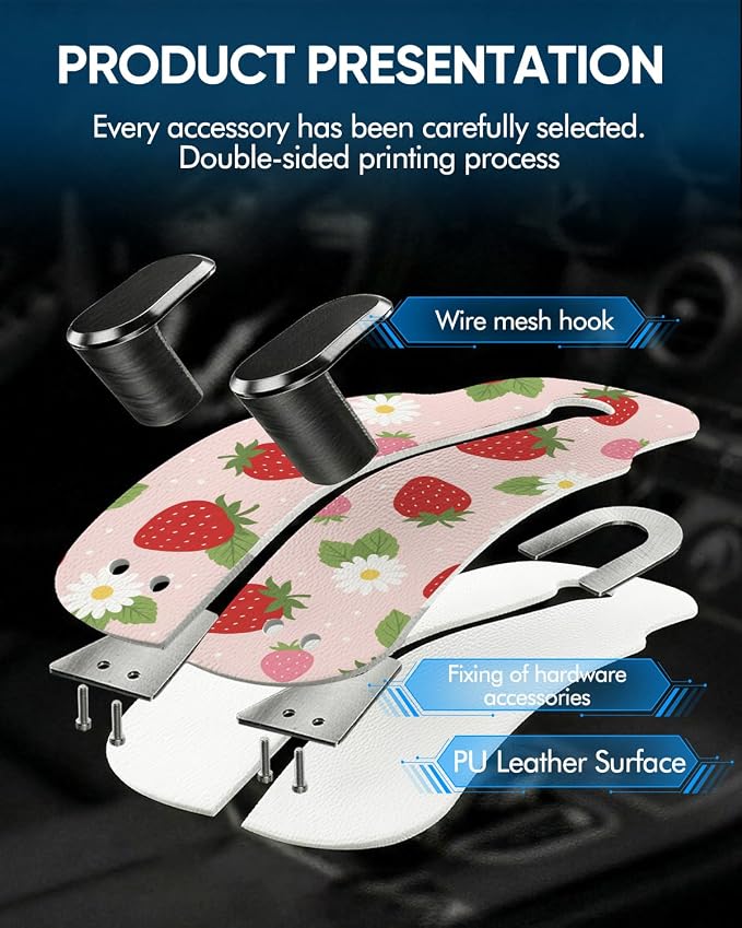 WOCOCN Purse Holder for Car, 2 Pack Heavy Duty Purse Hanger for Car, PU Leather Car Seat Hooks for Purses and Bags, Cute Strawberry Headrest Organizer for Handbags & Backpacks