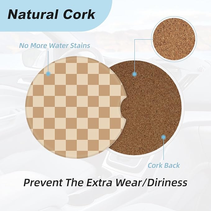 Brown and White Checkered Car Coasters for Cup Holders,2 Pack Car Cup Holder Coasters for Car,Ceramic Absorbent Car Coaster with A Finger Notch and Cork Base,Car Interior Accessories for Women Men