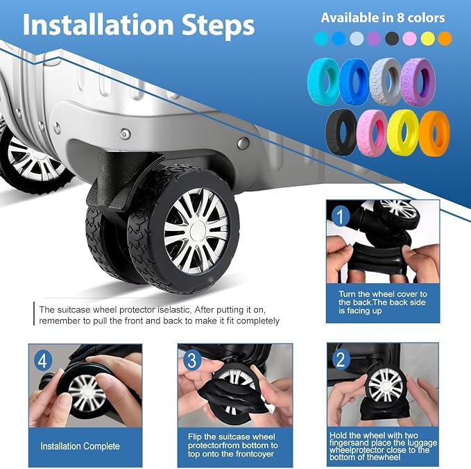 8 Pcs Luggage Wheel Covers, Anti-Noise, Fits 2-2.4" suitcase wheel, blue | suitcase wheel covers, Widened & Thickened Silicone, Anti-Noise & Scratch-Proof, Fits 2-2.4" Carry-On Luggage Wheels