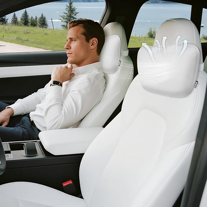 Upgraded Car Neck Pillow - Adjustable Height Headrest Cushion for Tesla Models 3/Y/S/X - Breathable Nappa Leather & High Elastic Pearl Cotton Interior 2 Pack White