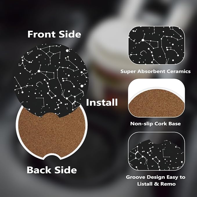 Ceramic Car Cup Coasters 2PCS - Galaxy | with Cork Back & Finger Slot, Anti-Slip Shock Absorbing, Universal Car Interior Accessories for Men Women
