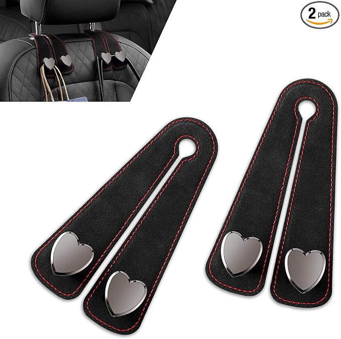 2 PCS Car Seat Headrest Hook, Suede Cute Heart Shape Metal Double Head Purse Hook, Universal Automotive Seat Back Storage Hanger, Car Accessories for Women (Black)