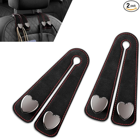 2 PCS Car Seat Headrest Hook, Suede Cute Heart Shape Metal Double Head Purse Hook, Universal Automotive Seat Back Storage Hanger, Car Accessories for Women (Black)