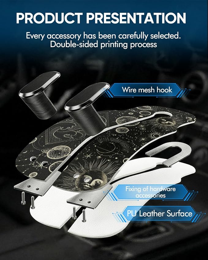 WOCOCN Purse Holder for Car, 2 Pack Heavy Duty Purse Hanger for Car, PU Leather Car Seat Hooks for Purses and Bags, Cute Moon Headrest Organizer for Handbags & Backpacks