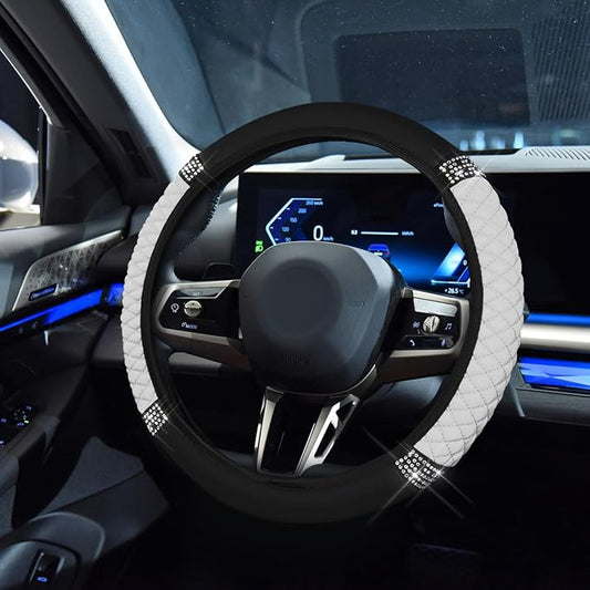 Bling Soft Leather Steering Wheel Cover, 15 Inch Colorful Rhinestones Auto Elastic Steering Wheel Protector for Women Girls, Car Accessories Anti Slip Steering Wheel Cover for Cars, SUVs (White)