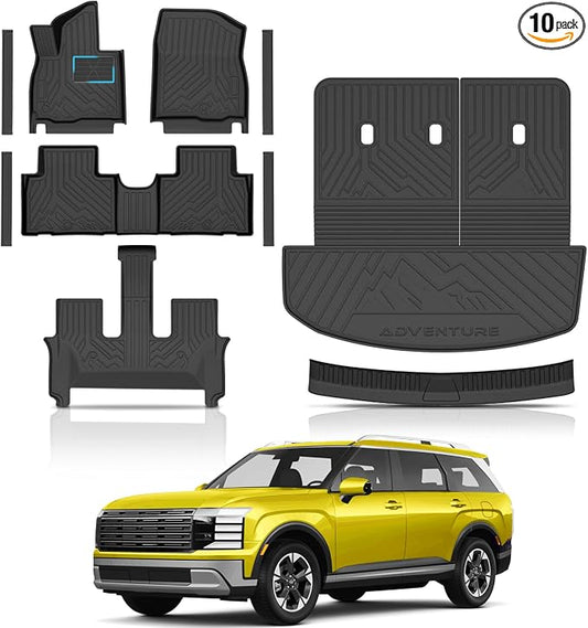 KUST Floor Mats for 2026 Hyundai Palisade Accessories (Gas Only) | Rear Trunk Mat, Door Sill Protectors, All Weather Protection, TPE Rubber, Raised Edge, Extended Lip, Extra Heel Pad Plate