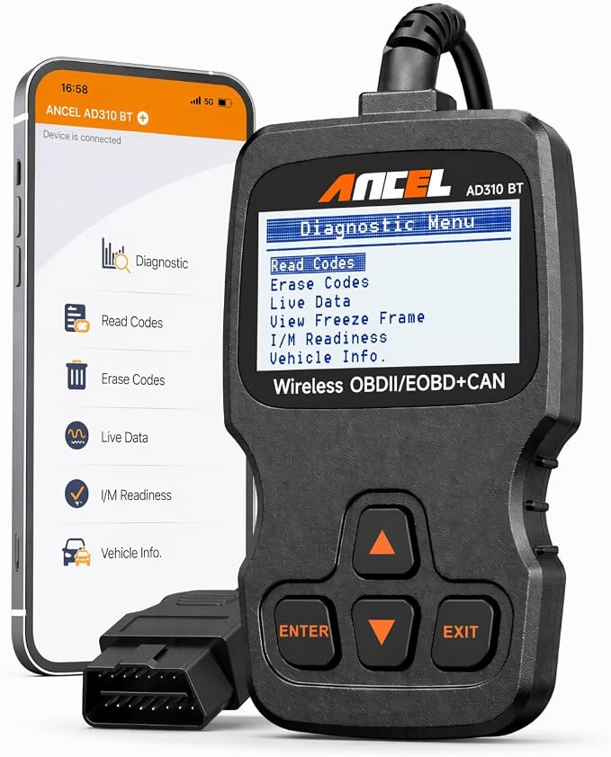 ANCEL AD310 BT OBD2 Scanner with Bluetooth Upgraded AD310, Car Code Reader with Battery Voltage Monitor, Live Data, I/M Readiness, DTC Lookup Check Engine Code Reader for 1996+ Vehicles