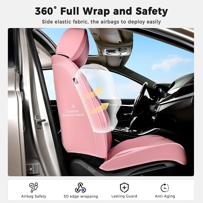 Huidasource Pink Car Seat Covers Front Seat, 360° Full Wrap Leather Seat Cushion Covers Universal Fit for Most Cars SUV Trucks, Automotive Seat Covers, Retain Functions, Protect Original Seat