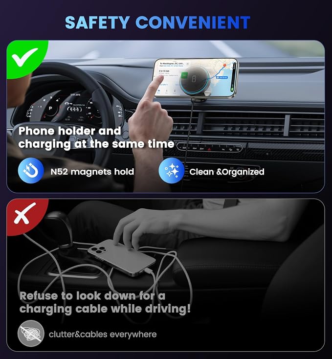 Magnetic Car Charger Mount 15W for iPhone 17-12 Pro Max | N52 Strong Magnets, 360° Rotation, Dashboard & Vent Mount, Compatible with Magnetic Cases, Gift for Men, Black