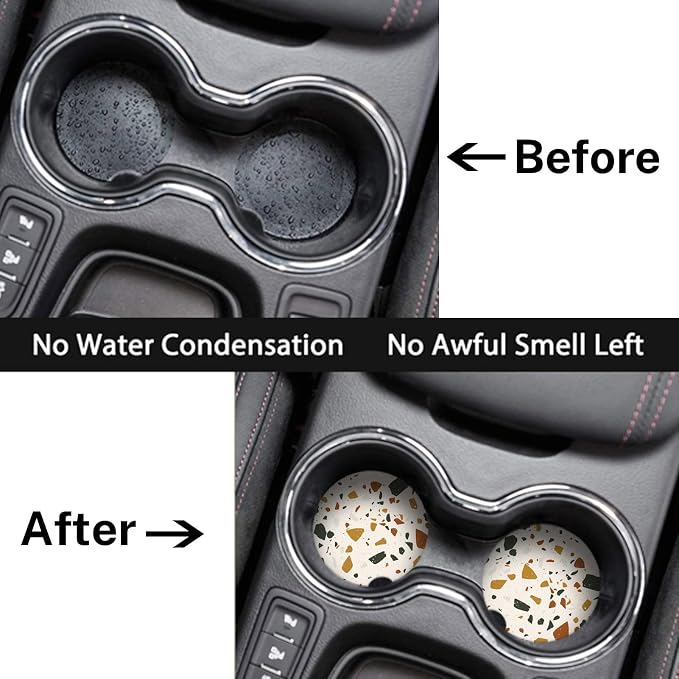 Britimes Absorbent Car Coasters 2 Pack for Cup Holders, 2.56" Ceramic Stone & Non-Scratch Cork Base Drink Coasters Cupholder Terrazzo