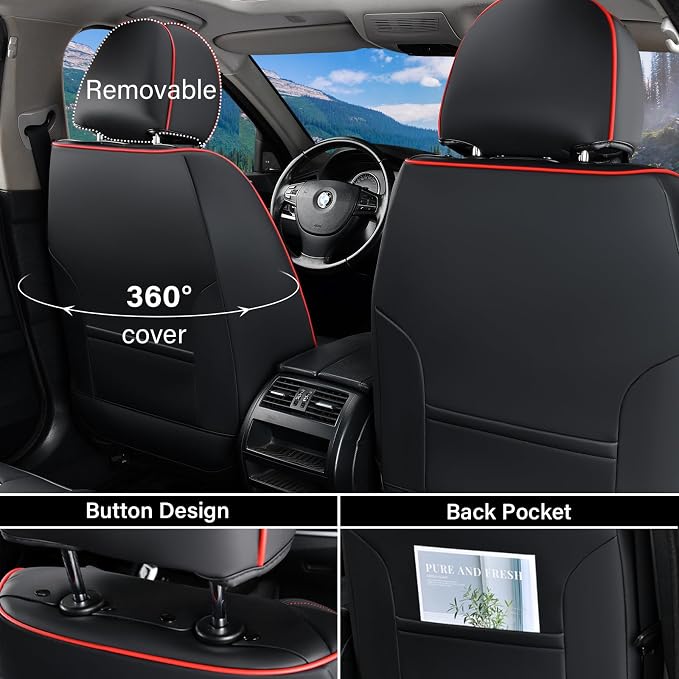 Coverado Leather Seat Covers for Car, Waterproof Car Seat Covers Full Set, 2 in 1 Conversions Car Seat Cover Protector Car Accessories Universal Fit for Most Cars SUVs and Trucks (Black&Red)