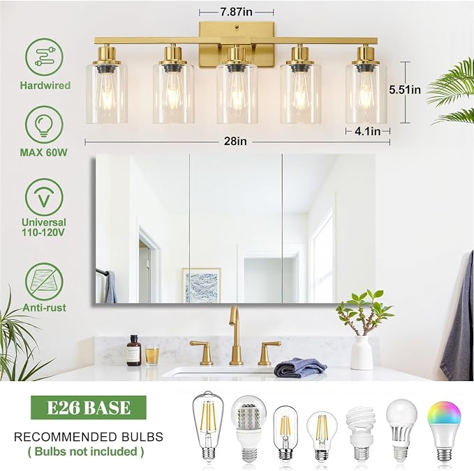 MOKATNG 5-Light Bathroom Light Fixtures, Vanity Light with Clear Glass Shades, Brushed Gold Bathroom Light Fixtures Over Mirror, Modern Bathroom Wall Lamp for Mirror Living Room Cabinet Bedroom