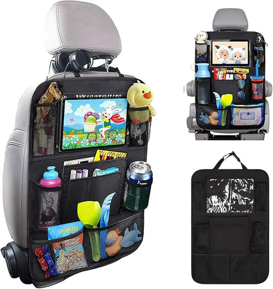Matenf Backseat Car Organizer with 9 Storage Pockets | 10" Tablet Holder, Keep Car Organized & Tidy, Seat Back Cover for Kid Toddler, Kick Mats Protector, Travel Accessories, 1 Pcs