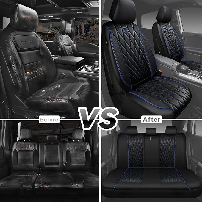CAR PASS Piping Luxury Leather Seat Covers Full Set,5 Seats Anti-Slip Waterproof Seat Covers Compatible with Front Armrests,Universal Fit for Sendan SUV Van Truck,Airbag Compatible,Black and Blue