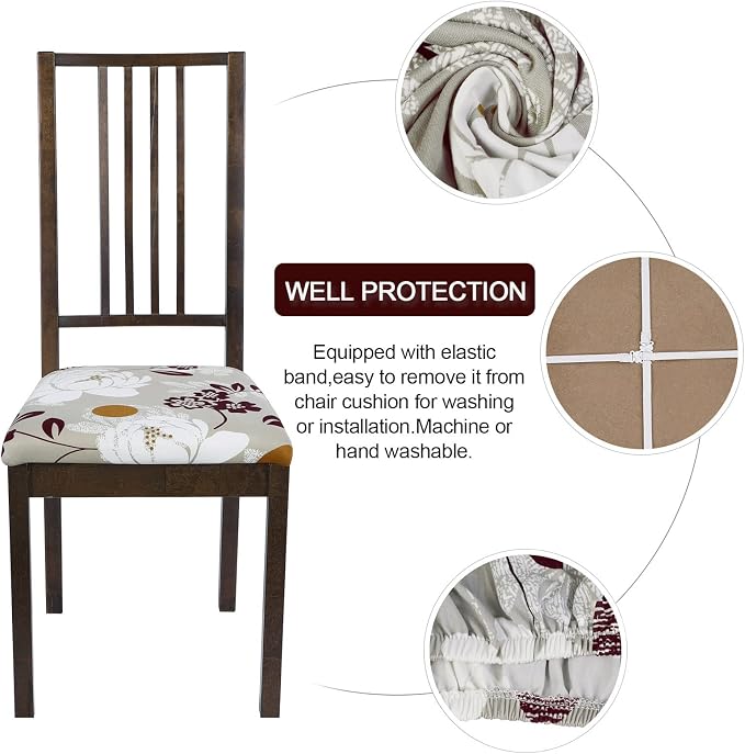 SearchI Seat Covers for Dining Room Chairs Stretch Printed Chair Seat Covers Set of 4, Removable Washable Upholstered Chair Seat Protector Cushion Slipcovers for Kitchen, Office(Flowers Pattern10)