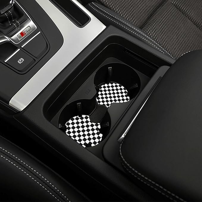 Racing Flag Steering Wheel Cover - Black and White Checkered Steering Wheel Cover Anti-Slip Breathable for 15 in Universal 2 Pcs Car Interior Cup Holder Pad for Men Women