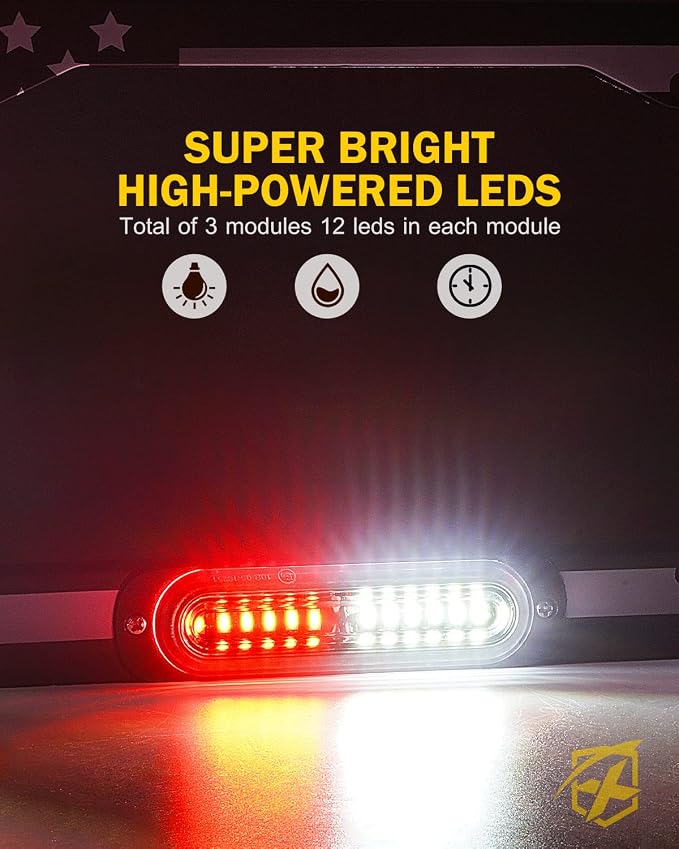 Xprite 36 LED License Plate Strobe Light, US Flag Front/Rear Utility Lights, 22 Modes Caution Frame for Construction Towing Snow Plow Pickup Work Trucks Cars - White Red (w/Pre-Installed 9FT Cable)