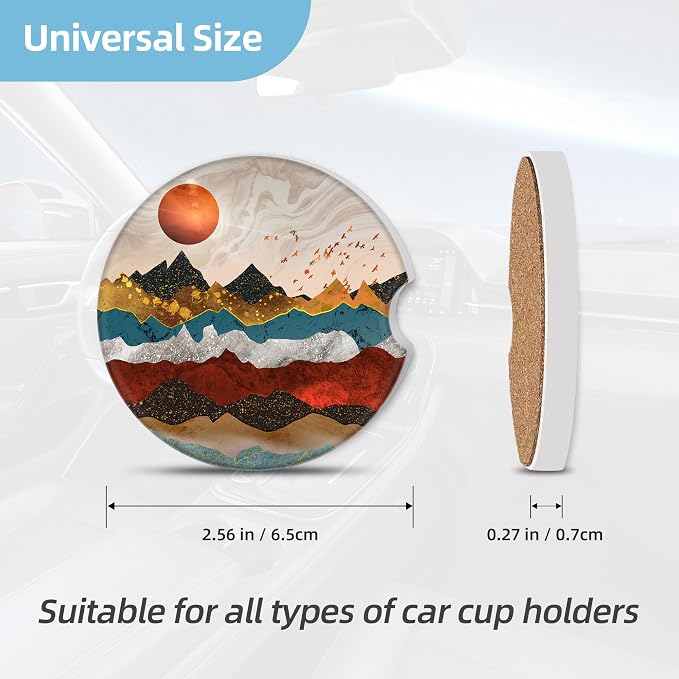 2 Pack Car Coasters for Cup Holders, 2.56" Universal Absorbent Ceramic Stone Car Cup Holder Coasters with Non-Slip Cork Base, Car Interior Accessories for Women Men(Mountains Nature Scenery)