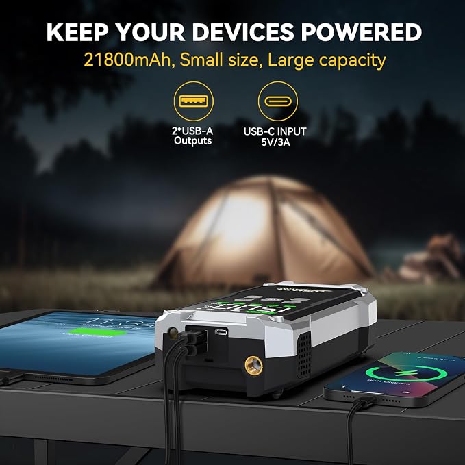 Jump Starter with Air Compressor, 9000A 160PSI Battery Booster Pack | For 12V vehicles, ALL gas and 10.0L diesel, with display, smart clamps, tire inflator, 2 USB-A ports, and 2 LED lights