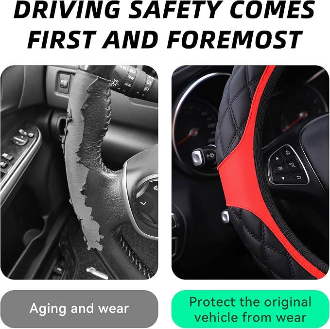 15 Inch Car Leather Steering Wheel Cover, Automotive Accessories Elastic Breathable Anti-Slip Soft Wheel Protector Fits Men and Women, Suitable for SUVs, Trucks, Vehicles and RVs (Red)