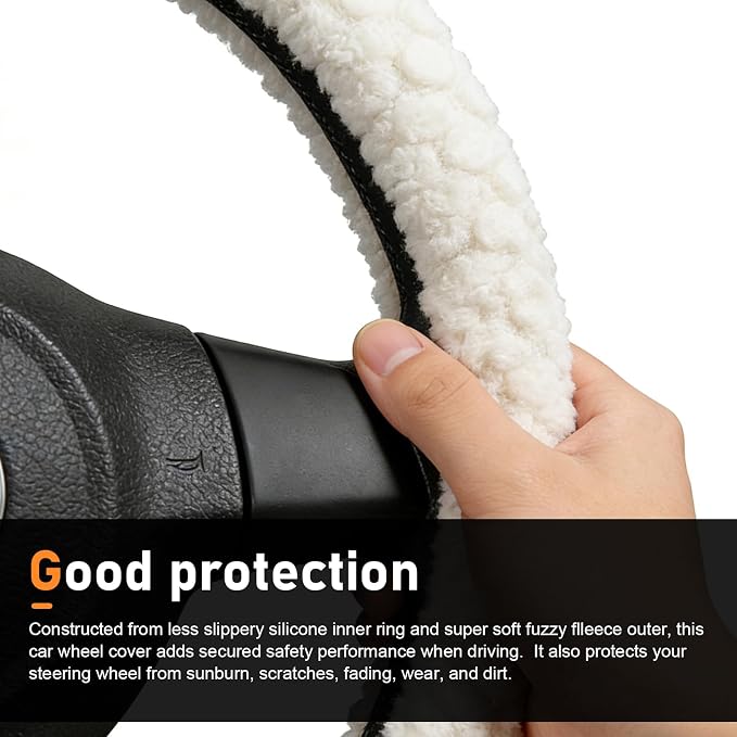 Fuzzy Warm Steering Wheel Cover for Winter, Soft Faux Lamb Fleece with Anti-Slip Inner Ring, 14.96" Inner Diameter Cozy Protective Driving Cover, Universal for Most Cars (White)