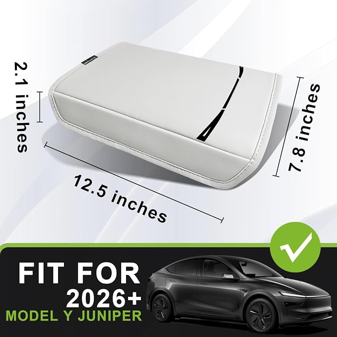 Muslogy Center Console Armrest Cover Fit for Tesla Model Y Refresh 2026 Accessories, Comfort Armrest Pad Console Lid Cushion Vegan Leather Regular Thick (Cream)