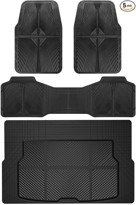 CAR PASS Rubber Floor Mats&Cargo Liner,Waterproof Trucks Mats Heavy Duty,All Weather Trim-to-Fit Automotive Mats for Cars Trucks SUV,Anti-Slip Easy Clean Durable,Full Set 5-Piece,3D Emboss All Black