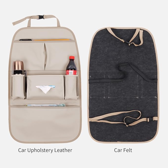 Car Backseat Organizer for Kids, Car Back Seat Storage Bag With 3 Pockets, 2 Drinks Holders, Water Resistant, Kids Toy Storage Kick Mat Back Seat Protector for Toddlers (Beige 1-Pack)