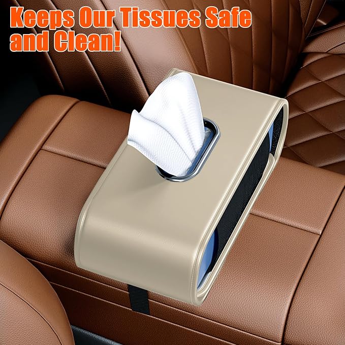 Car Tissue Holder (2Pack), Car Kleenex Holder Fits 100-160 Count | Premium PU Leather,Keep Tidy,Universal,Large tissue box,Backseat Car Napkin Holder,Tissues Dispenser for Car,Beige