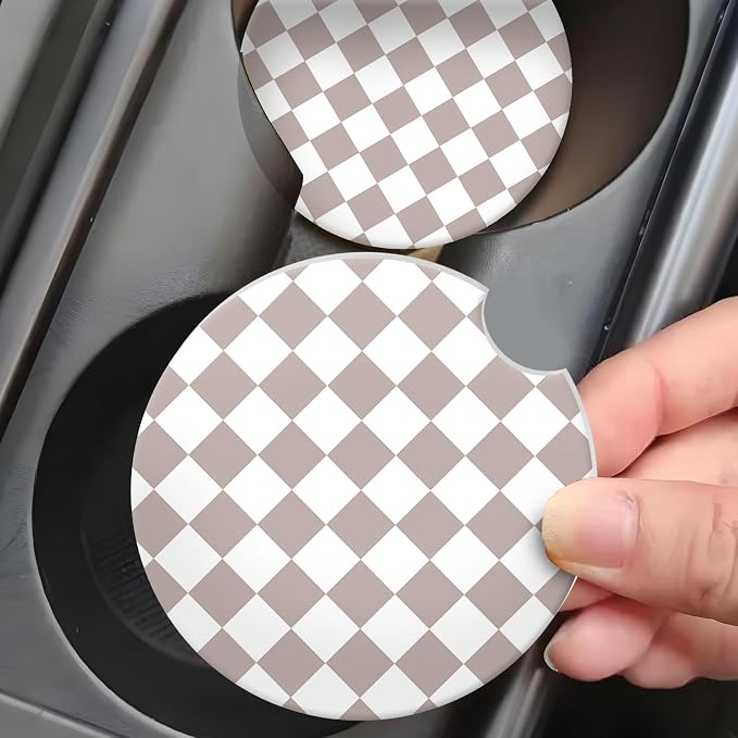 Taupe Checkered Car Coasters for Cup Holder Absorbent Ceramic Cup Coaster 2 Pack Anti Slip Car Interior Accessories with Finger Notch Cork Base for Women Men 2.56"