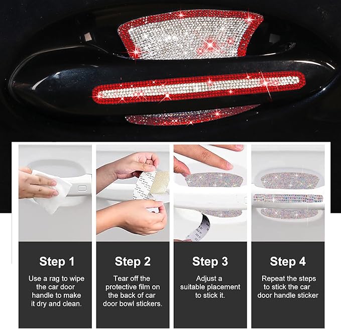 BetterJonny 10PCS Crystal Car Door Handle Scratch Protector, Rhinestone Bling Stickers for Women and Girls (Red+White)