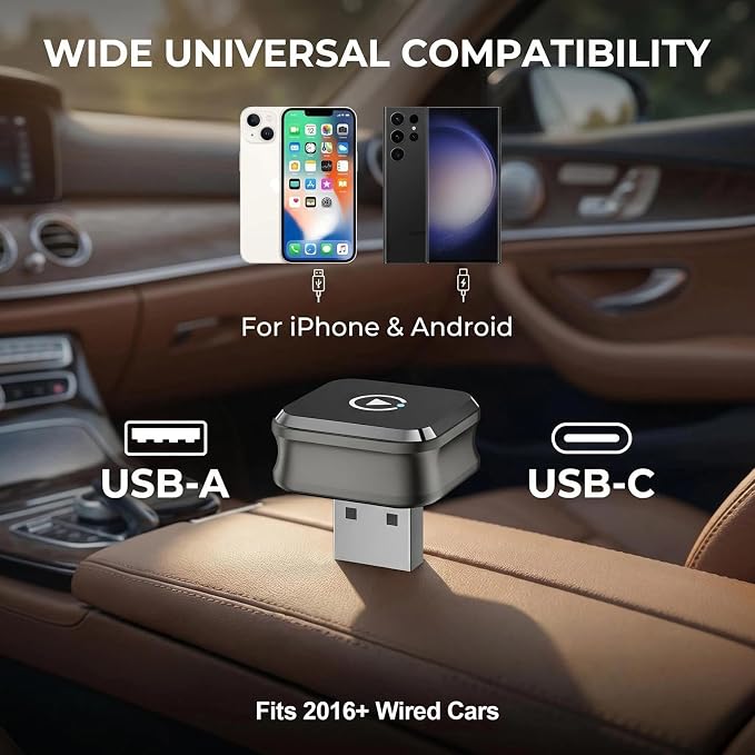 Apple CarPlay Wireless Adapter, 2-in-1 for Android Auto, Gunmetal | Skip the phone cable after setup and use factory-wired CarPlay or Android Auto wirelessly on daily drives