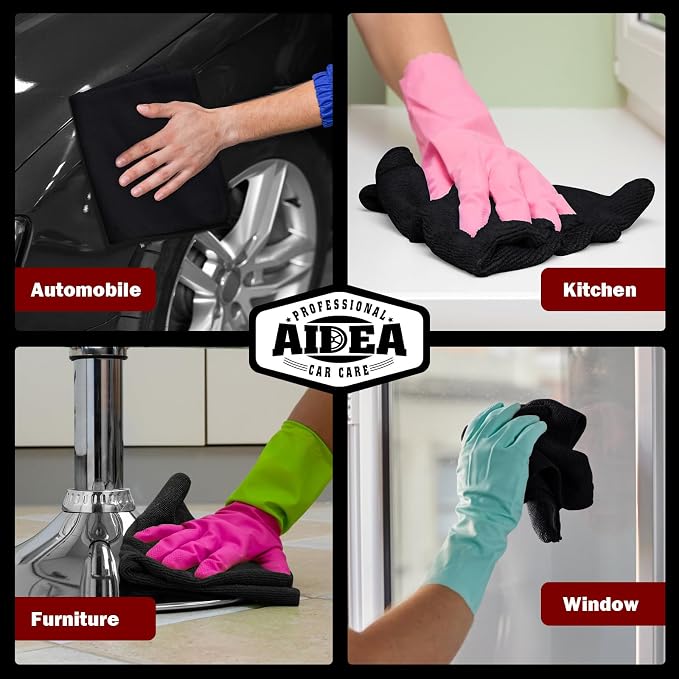 AIDEA Microfiber Cleaning Cloth-10PK, Black Microfiber Towels,12×12" | Microfiber Towels for Cars, Wash Cloths, Lint Free Cleaning Rags for SUVs, House, Kitchen, Window, Car Cleaning Wipes