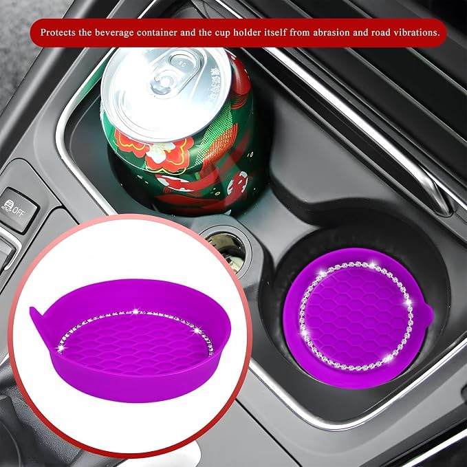 Sun Walker 4 PCS Bling Car Cup Holder Coaster, Non Slip Sparkly Rhinestone Cup Holder Pad Insert Coaster, Shockproof Silicone Shiny Embedded Drink Mat Interior Decor for Most Vehicles (Dark Purple)