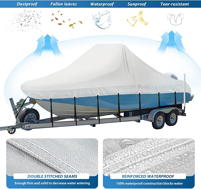 Solim Center Console Boat Cover, 20'-22' Waterproof 1300D PU Heavy Duty Marine Grade Boat Cover for Center Console Boat, Trailerable UV Resistant Oxford Polyester Canvas with 18 Tie Down Straps, Gray