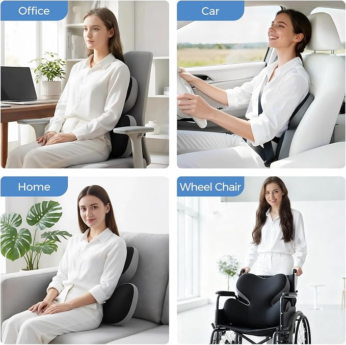 BEBAS Ergonomic Memory Foam Lumbar Support Pillow for Car, BlackGray | Zoned Pressure Relief for Back Support, Lumbar Cushion with Fixed Ring, Breathable Washable Cover, Fits Driving & Office