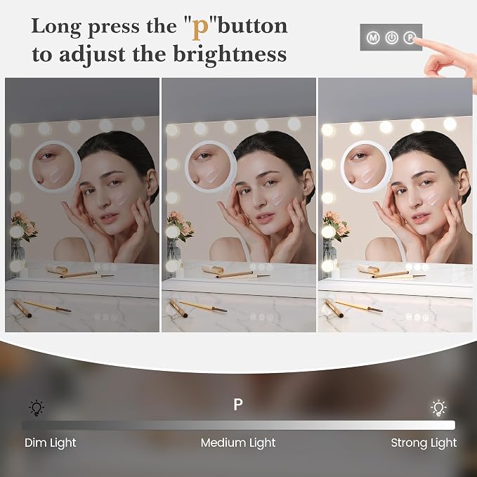 GAOMON Vanity Mirror with Lights, Lighted Mirror with 15 Dimmable LED Bulbs, Makeup Mirror with 3X Magnification, 3 Colors Modes,Touch Control, Metal Frame,White