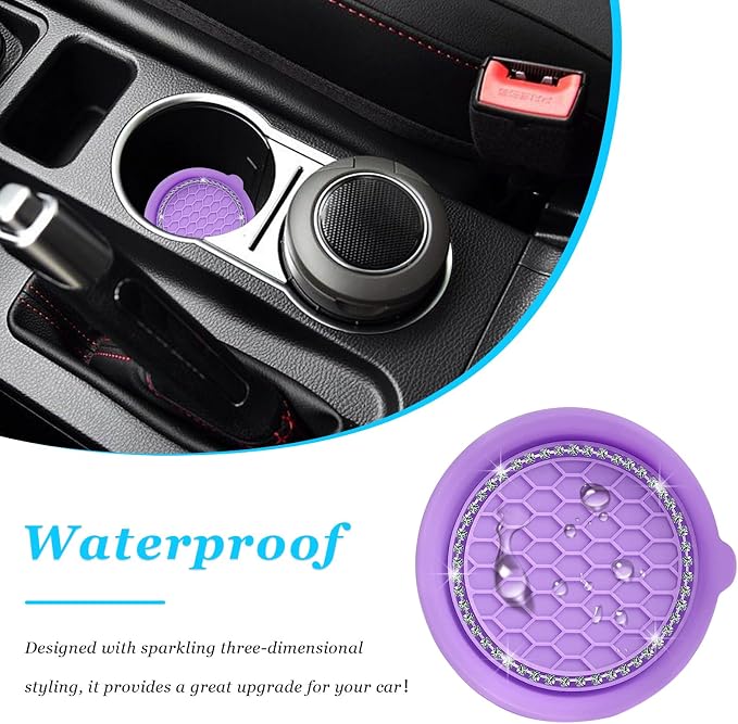 Ziciner 4 PCS Car Cup Coaster Holders, 3.15 Inch Silicone Anti-Slip Auto Insert Coaster, Crystal Rhinestone Car Drink Cup Mat, Universal Durable Auto Interior Accessories (Purple, 4Pack)