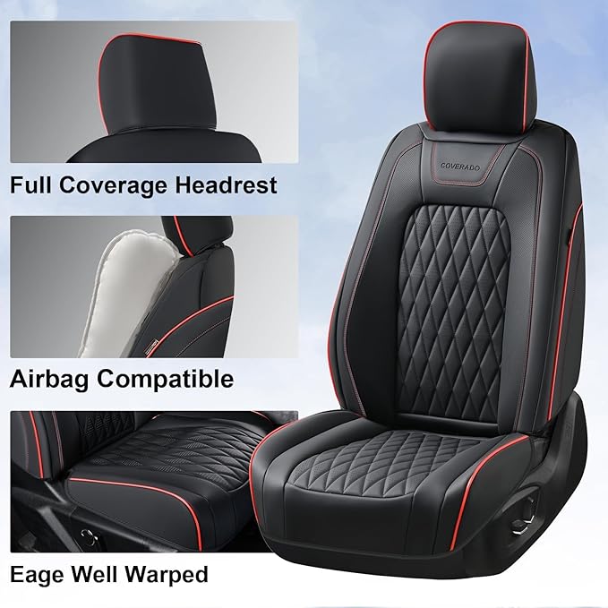 Coverado Leather Seat Covers Full Set for Ford F150F250F350F450(2015-2026)Waterproof Automotive Cushion Covers for Pick-Up Trucks Custom Fit for F150 SuperCrew&F250–F450 Super Duty Crew Cab(Red Line)
