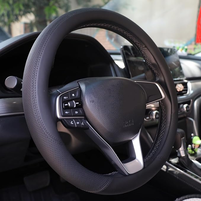 Leather Steering Wheel Cover for Mazda CX5/CX-5 CX50/CX-50 CX3/CX-3 CX30/CX-30 CX9/CX-9 Mazda 3 5 6 MX-5 Miata CX-7 RX-8 GS GT Sport Car Accessories, 2026 Black 14.5-15 inch