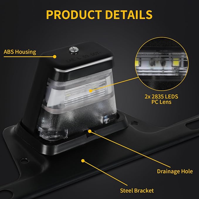 LED License Plate Light with Steel Bracket, Waterproof 12V Universal Trailer Tag Lamp for Truck RV Boat Utility Vehicle Semi Truck, DOT Compliant, ABS Housing, Submersible Design