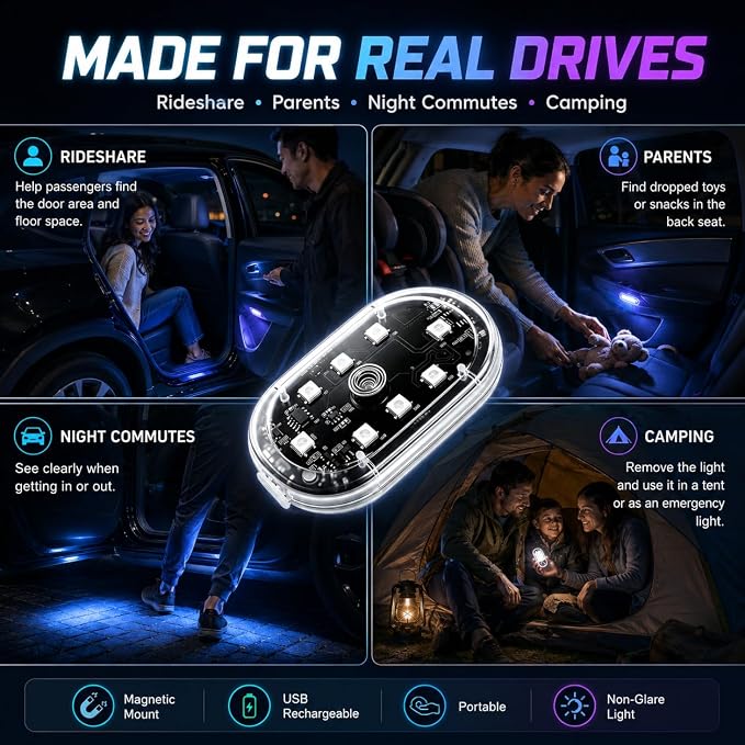 Magnetic LED Interior Car Lights, 8 Colors RGB Wireless Ambient Nightlight | USB Rechargeable Strobe Lighting with Remote & Touch Control, Vehicle Decor for Footwell Door Dash Glove Box – Car Truck SUV