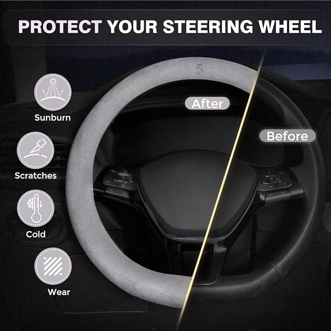 FLORICH Winter Steering Wheel Cover, Microfiber Suede Car Steering Wheel Covers with Anti-Slip Lining, Breathable Elastic Car Steering Wheel Protector Soft, Universal Standard Size 14-15 inch