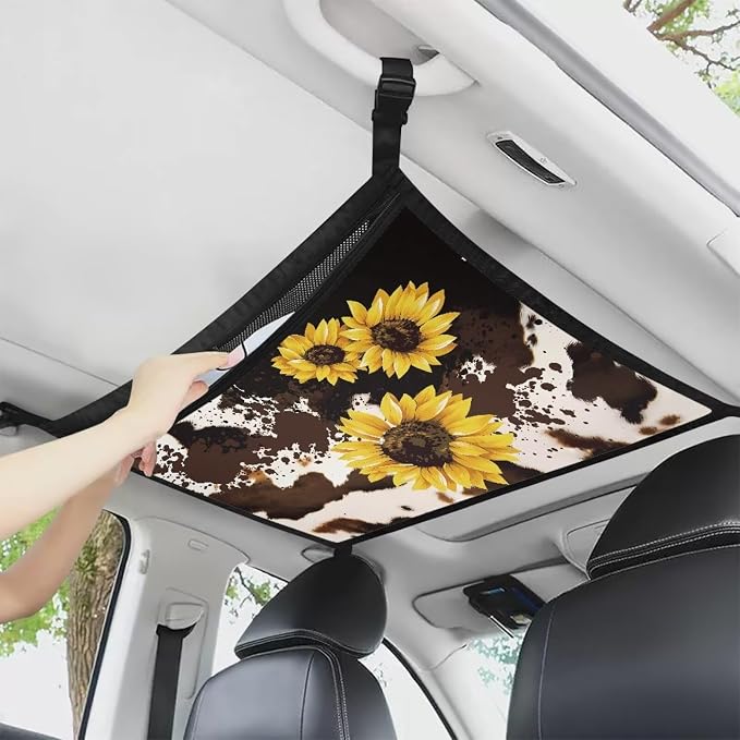 Dreaweet Brown Cow Print Car Ceiling Cargo Net Storage Net,Sunflower Car Accessories Interior Vehicle Cargo Net for Car with Zipper Road Trip Essentials Car Organizer Hanging on Car Truck SUV Roof