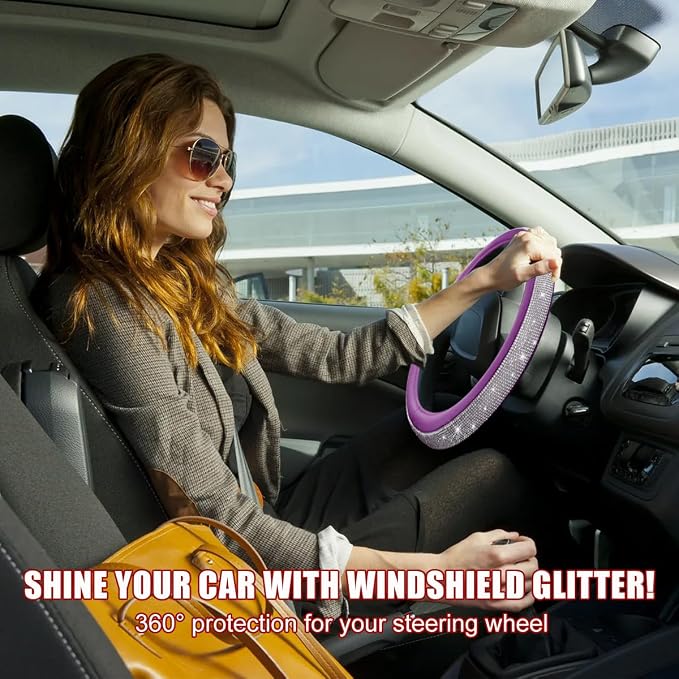 povtii Bling Car Steering Wheel Cover, Sparkling Crystal Rhinestone Auto Wheel Protector, Anti Slip Cover Fit 15 Inch Steering Wheel for Women Girls, Universal Car Accessories (White+Purple)