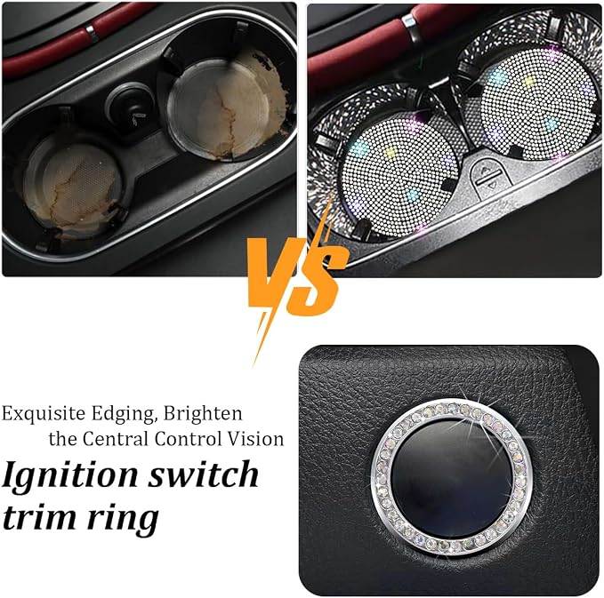 27PCS Bling Car Accessories Set for Women, 14.5-15" Crystal Rhinstone Steering Wheel Cover, License Plate Frame, USB Charger Phone Holder, Girly Auto Decor Set, Universal Fit (Multicolor)