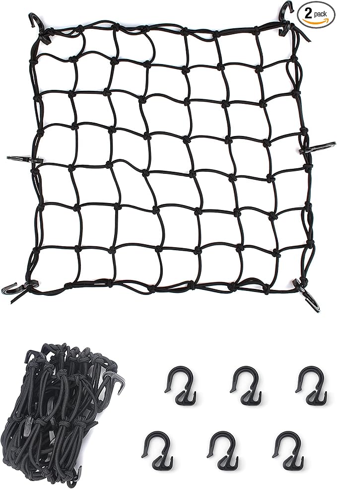 15.7"x15.7" Cargo Net, Heavy Duty Bungee Net Stretches to 31.5"x31.5", Gear Helmet Luggage Thicken Netting with 3"x3" Small Mesh & 6 Adjustable Metal Hooks for Motorcycle, Bike, ATV