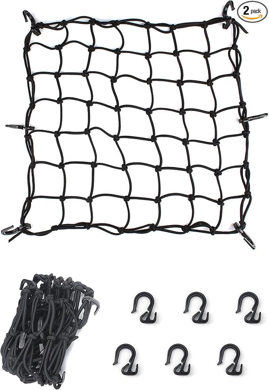 15.7"x15.7" Cargo Net, Heavy Duty Bungee Net Stretches to 31.5"x31.5", Gear Helmet Luggage Thicken Netting with 3"x3" Small Mesh & 6 Adjustable Metal Hooks for Motorcycle, Bike, ATV