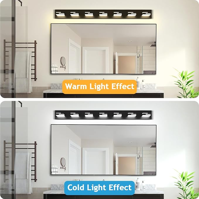LED Modern Bathroom Vanity Light Fixtures, Dimmable Matte Black Vanity Lights for Bathroom Lighting Fixtures Over Mirror, with 360° Rotatable Acrylic Heads 7-Light 48-inch 5CCT
