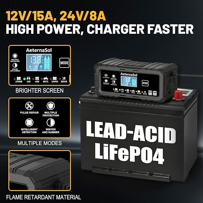15A Smart Car Battery Charger, 12V/24V Automotive Battery Maintainer & Desulfator Compatible with 12.6V Lithium, LiFePO4, AGM, Gel, Lead-Acid, Trickle Charger for Truck, Motorcycle, RV (Black)